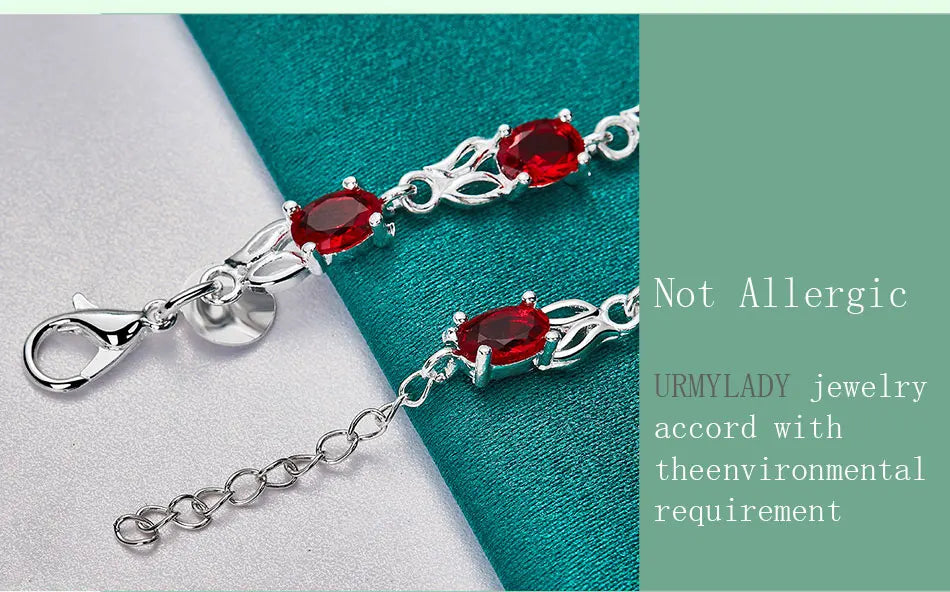 Red Crystal Chain Bracelet 925 Sterling Silver Women Fashion Wedding Gift