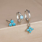 3PCS Gold Plated Chain Zircon Hanging Earrings Stainless Steel Flower