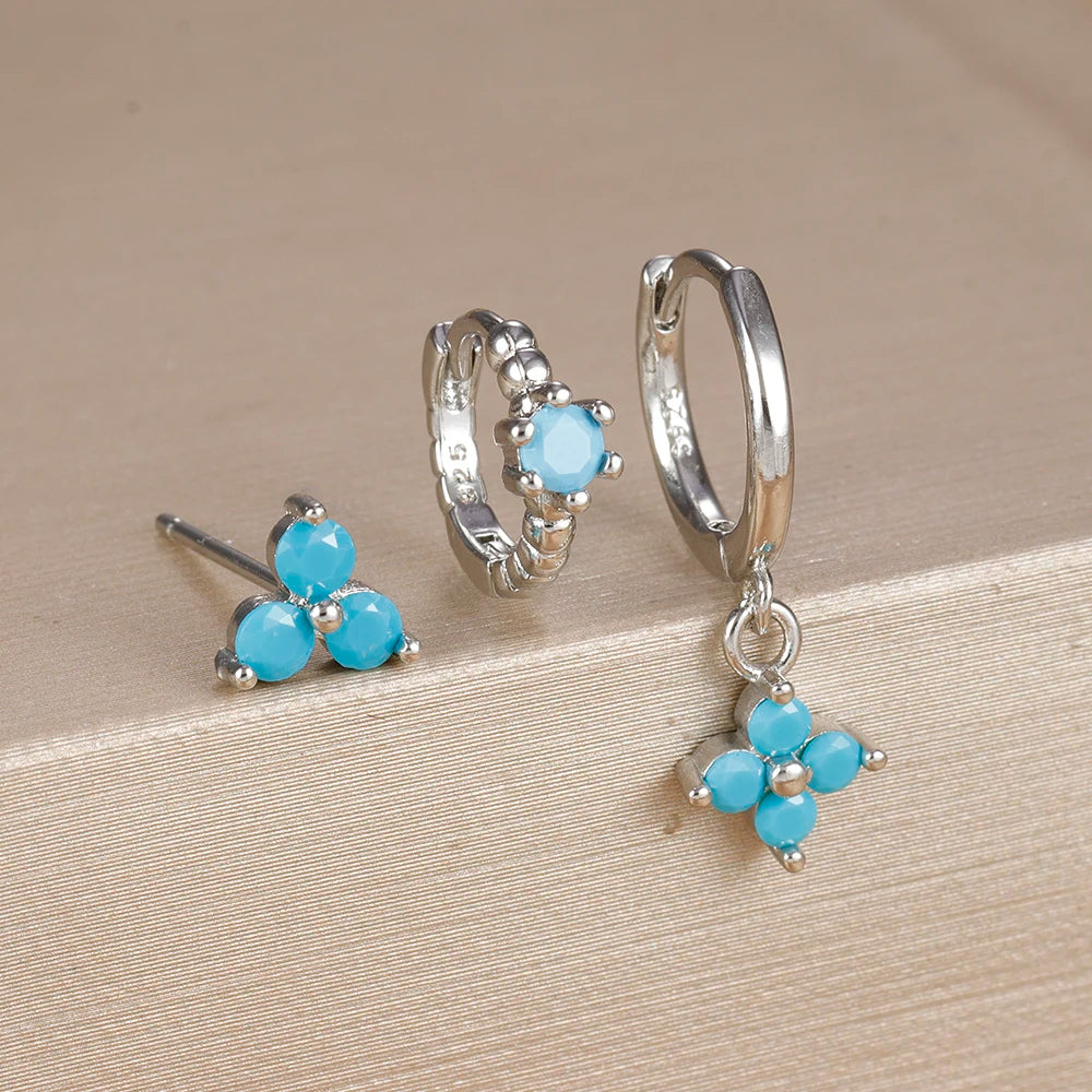 3PCS Gold Plated Chain Zircon Hanging Earrings Stainless Steel Flower
