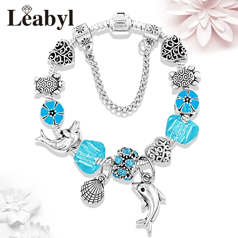 Classic Dolphin Charm Bracelet Blue Murano Crystal Glass DIY Bead Bangle