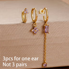 3pcs Purple Cubic Zirconia Piercing Earring Set Stainless Steel