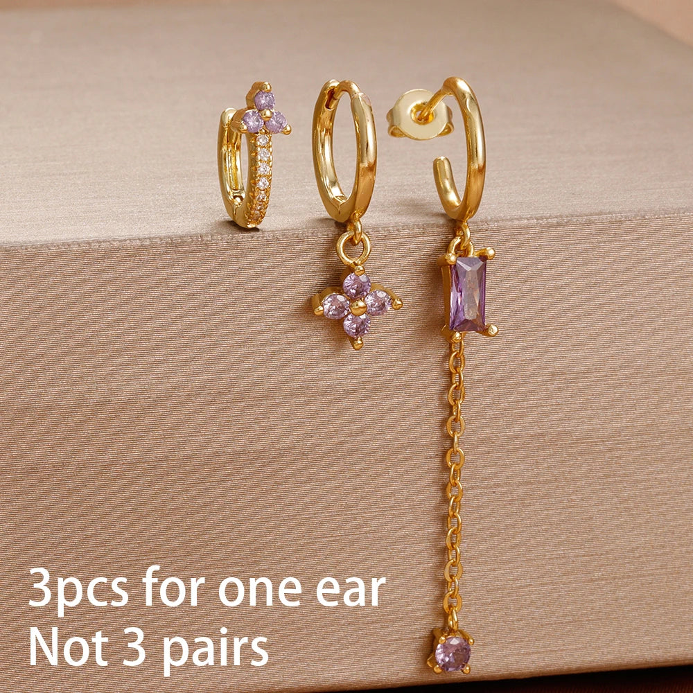 3pcs Purple Cubic Zirconia Piercing Earring Set Stainless Steel