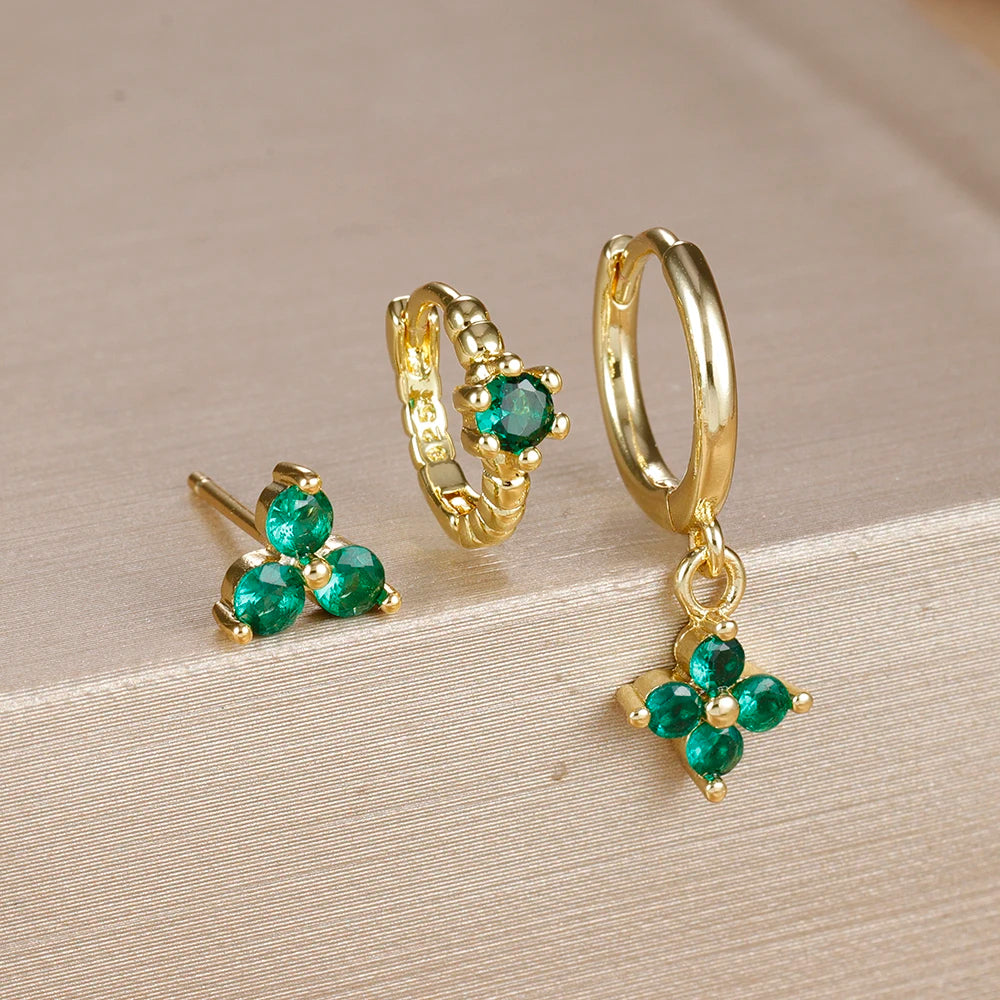 3PCS Gold Plated Lightning Flower Chain Drop Earrings Zircon Dangle