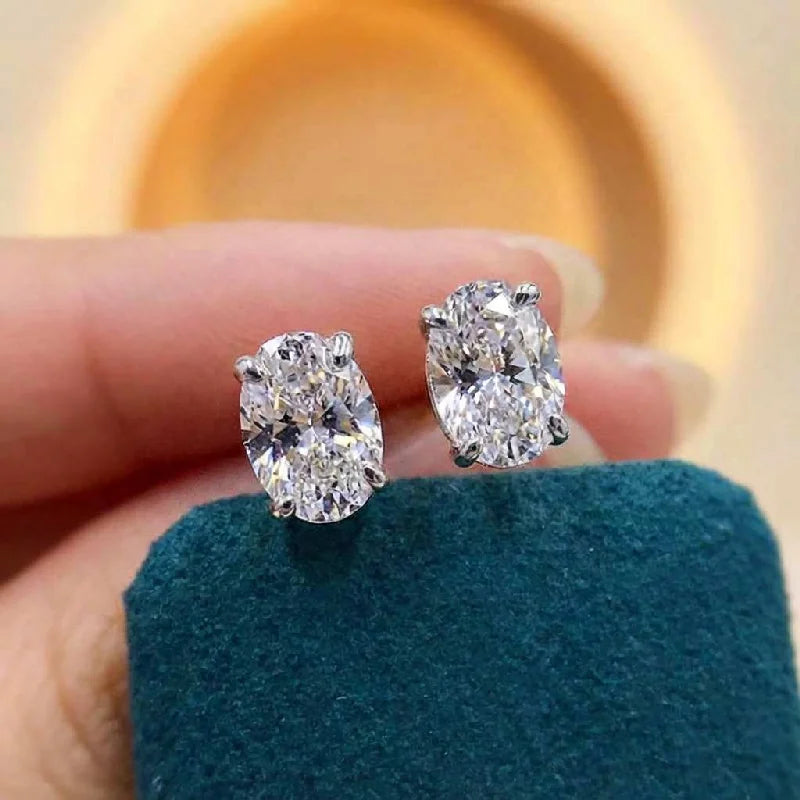 925 Sterling Silver Trendy Sparkling Zircon Oval Stud Earrings Party Fine Jewellery Gift