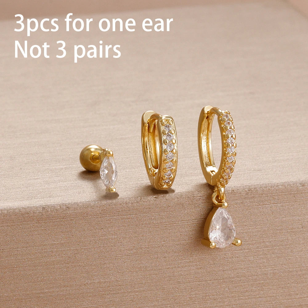3PCS Fashion Simple Zircon Hoop Earrings Set Stainless Steel Punk