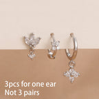 3PCS Stainless Steel Zircon Flower Hoop Earrings Gold Plated Huggies