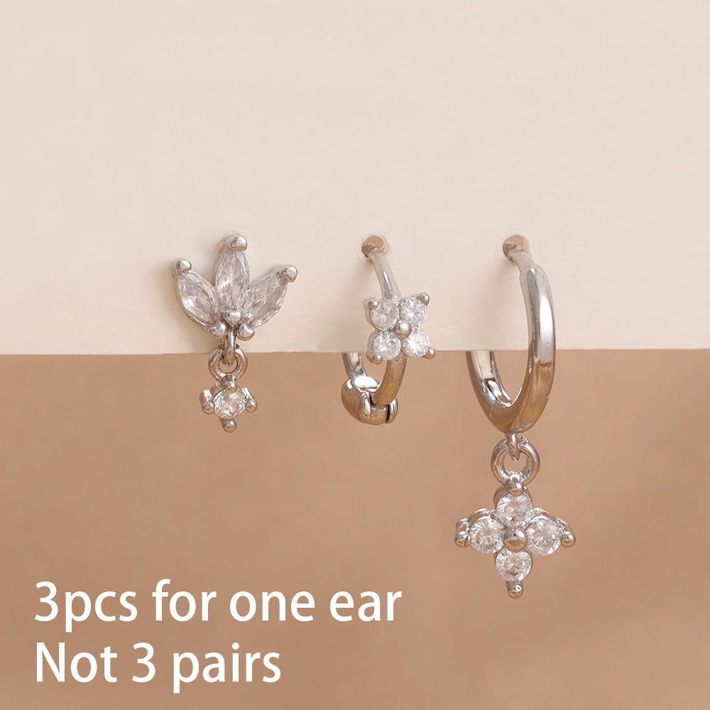 3PCS Stainless Steel Zircon Flower Hoop Earrings Gold Plated Huggies