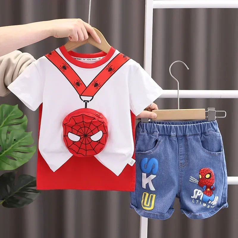 Summer Boys Spiderman Short Sleeve T-Shirt & Jeans Set Kids Fashion Clothing