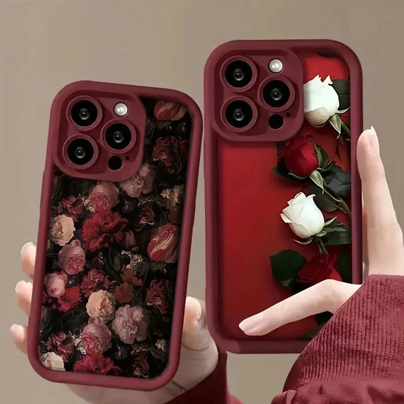 Wine Red & White Rose Case for iPhone 16 15 14 13 12 11 Pro Max XR 7 8 Plus