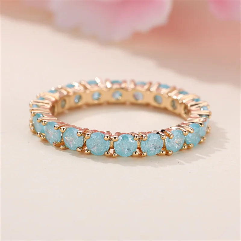 Stacking Single Row Stone Blue Green Pink Ice Flower Zircon Engagement Rings For Women Gold Color Round Wedding Bands Jewelry CZ
