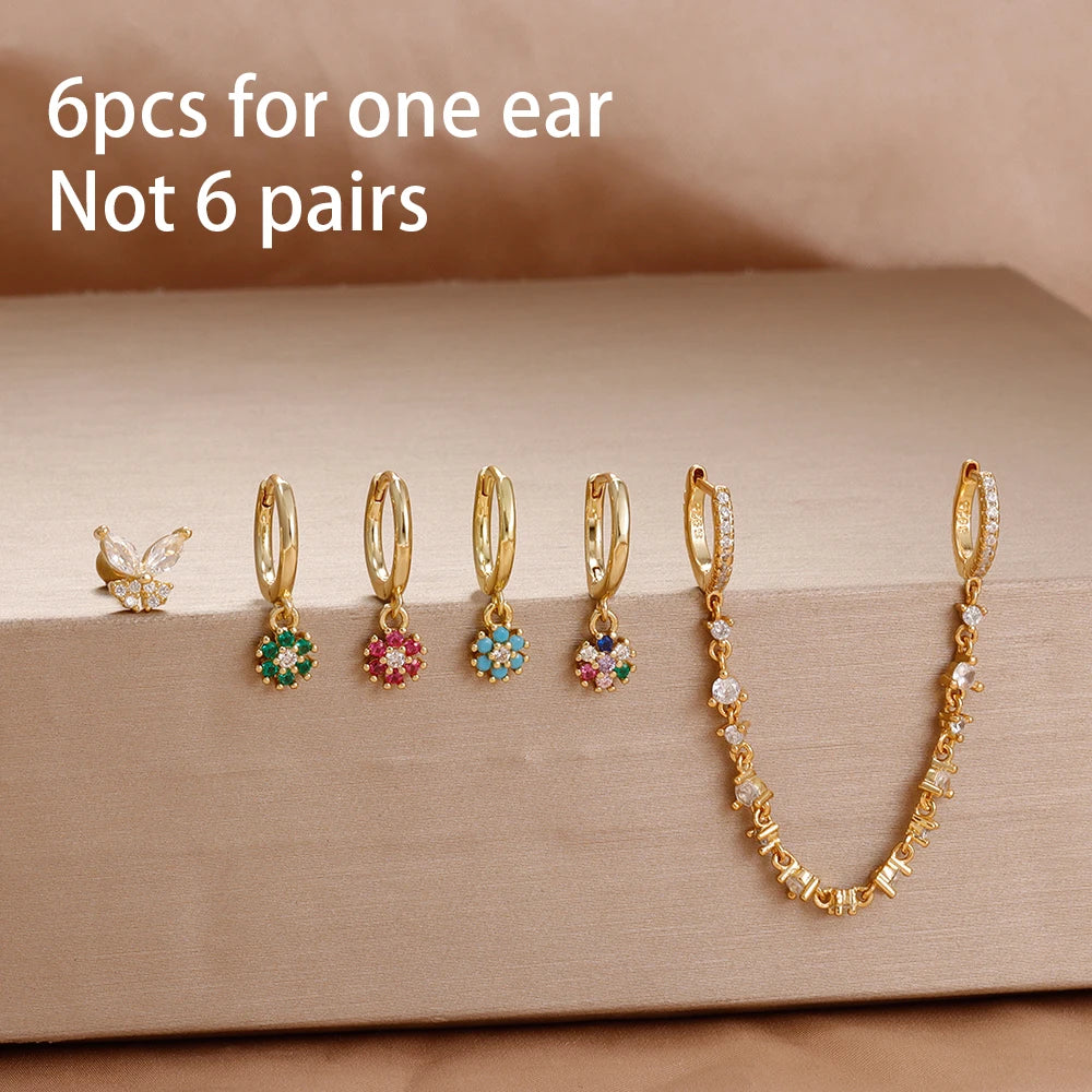 6PCS Exquisite Zircon Geometric Circle Earrings Set Gold Colour Steel