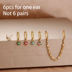 6PCS Exquisite Zircon Geometric Circle Earrings Set Gold Colour Steel