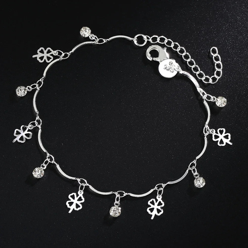 Four-Leaf Clover Zircon Chain Bracelet 925 Sterling Silver Wedding Accessory