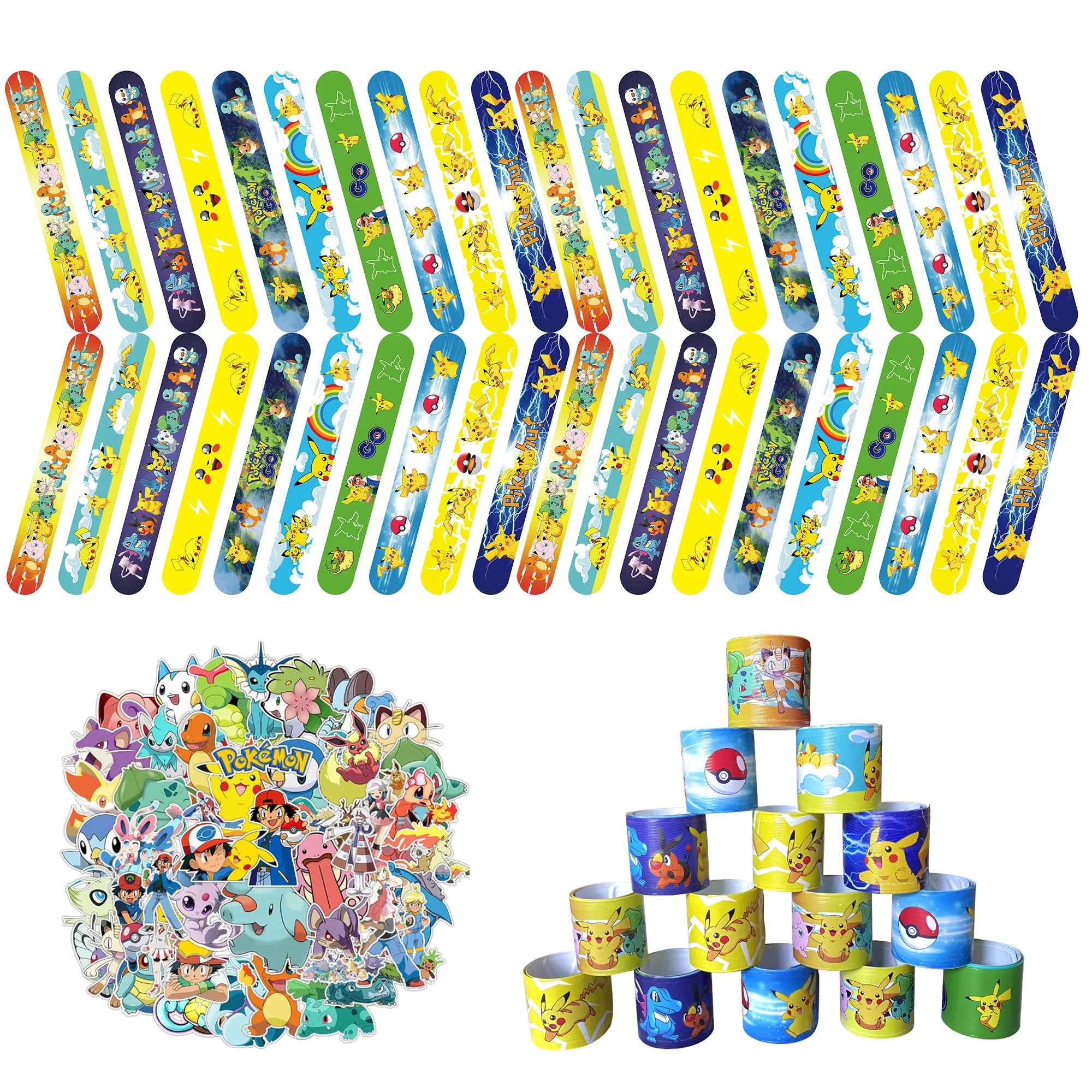 90pc Pokemon Party Favors Slap Bracelets & Stickers Kids Gifts - Ship from UK