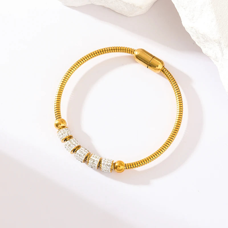 Heart Roman Numeral Zircon Bead Stainless Steel Snake Bone Bracelet