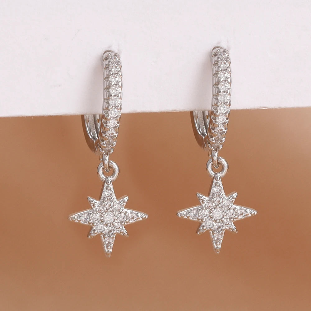 Luxury Stainless Steel Star Dangle Earrings Zircons Geometric Piercing