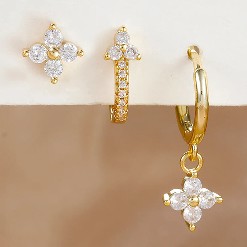3PCS Fashion Stainless Steel Flower Small Hoop Earrings Set 18K Gold