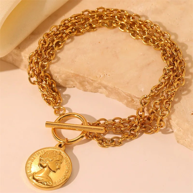 Stainless Steel Coins Heart Charm Bracelet Gold Silver Colour Wrist Chain