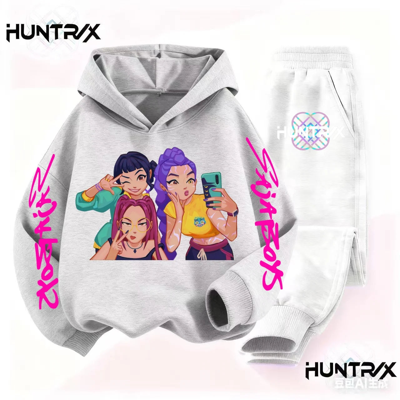 Kids Kpop Demon Hunter Cartoon Print Hoodie and Athletic Pants Sports Set