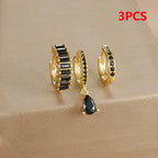 3PCS Stainless Steel Gold Plated Hoop Earrings Zircon Pendant