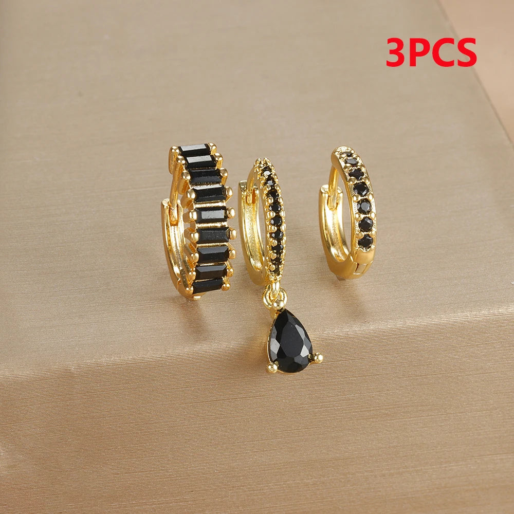 3PCS Stainless Steel Gold Plated Hoop Earrings Zircon Pendant