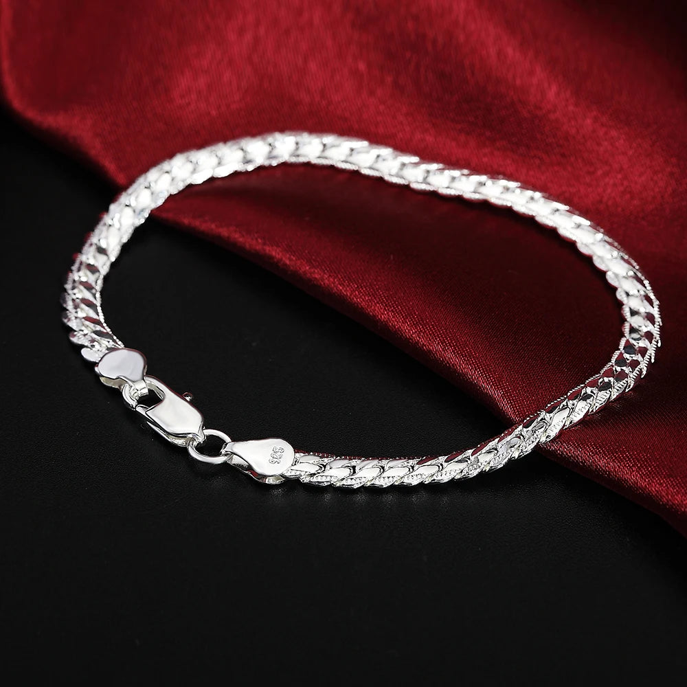 Classic Flat Sideways Chain Bracelet 925 Sterling Silver Men Women Jewellery