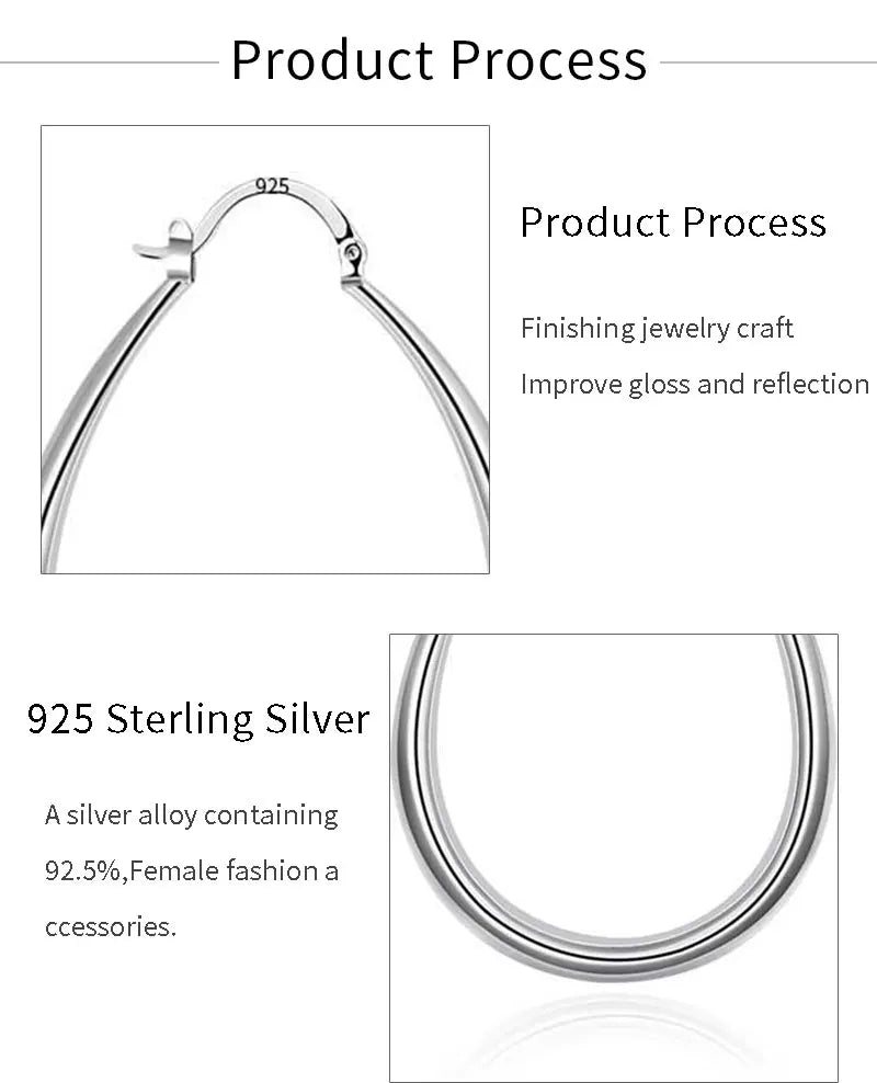 925 Sterling Silver 40mm U-Shaped Hoop Earrings Women Charm Wedding Jewellery