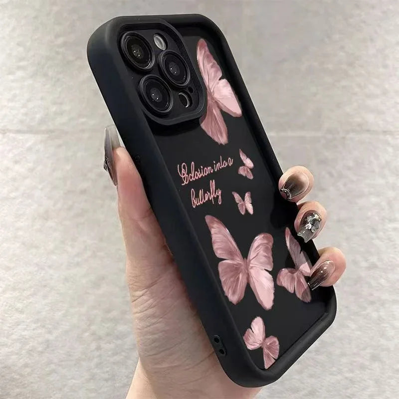 Pink Butterfly Silicone Case for iPhone 17 16 15 14 13 12 11 Pro Max Plus