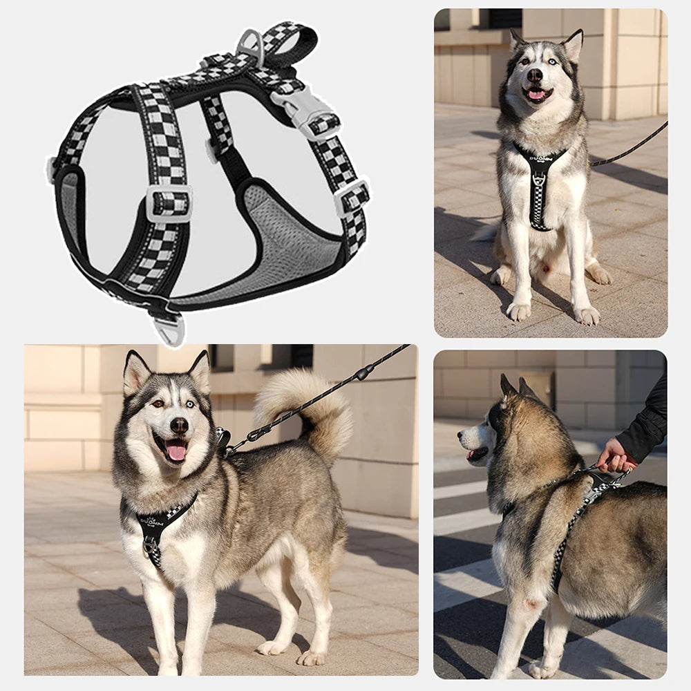 Classic Checkerboard Pattern No-Pull Dog Harness for Medium Large Dogs, Adjustable Padded Vest for Walking, Training, Reflective
