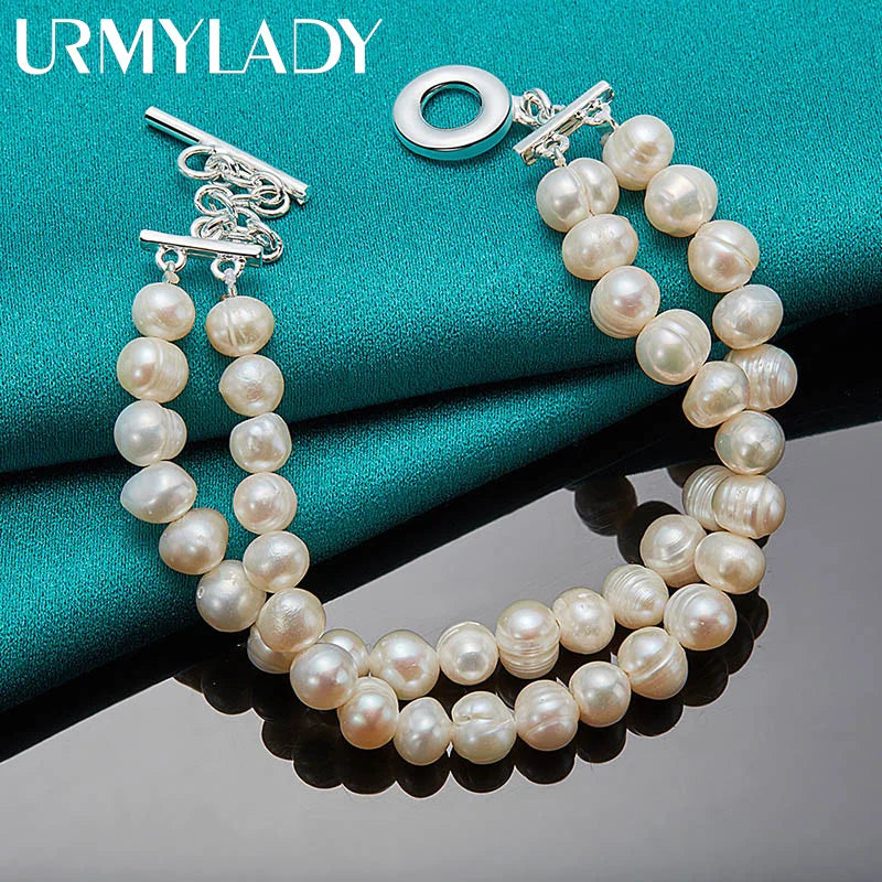 Natural Freshwater Pearl Chain Bracelet 20cm 925 Sterling Silver Wedding Gift