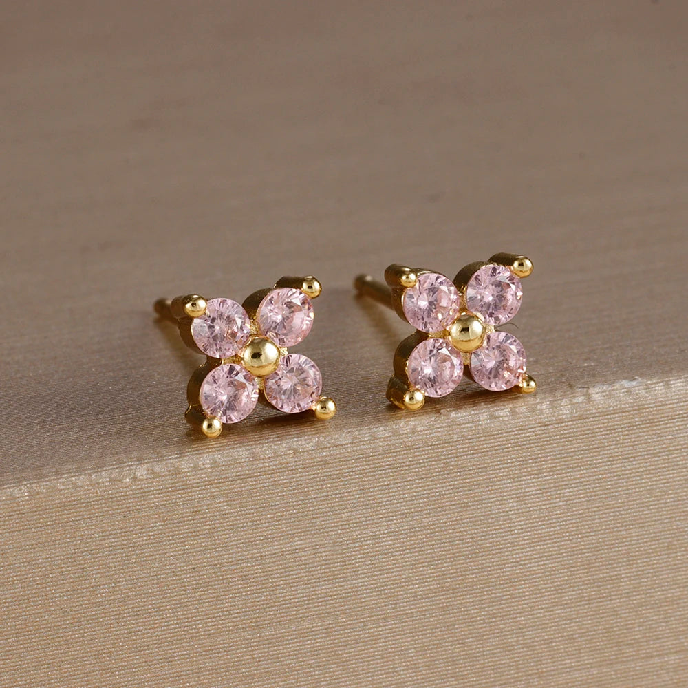 Exquisite Green Zircon Flower Hoop Earrings 18K Gold Plated Steel