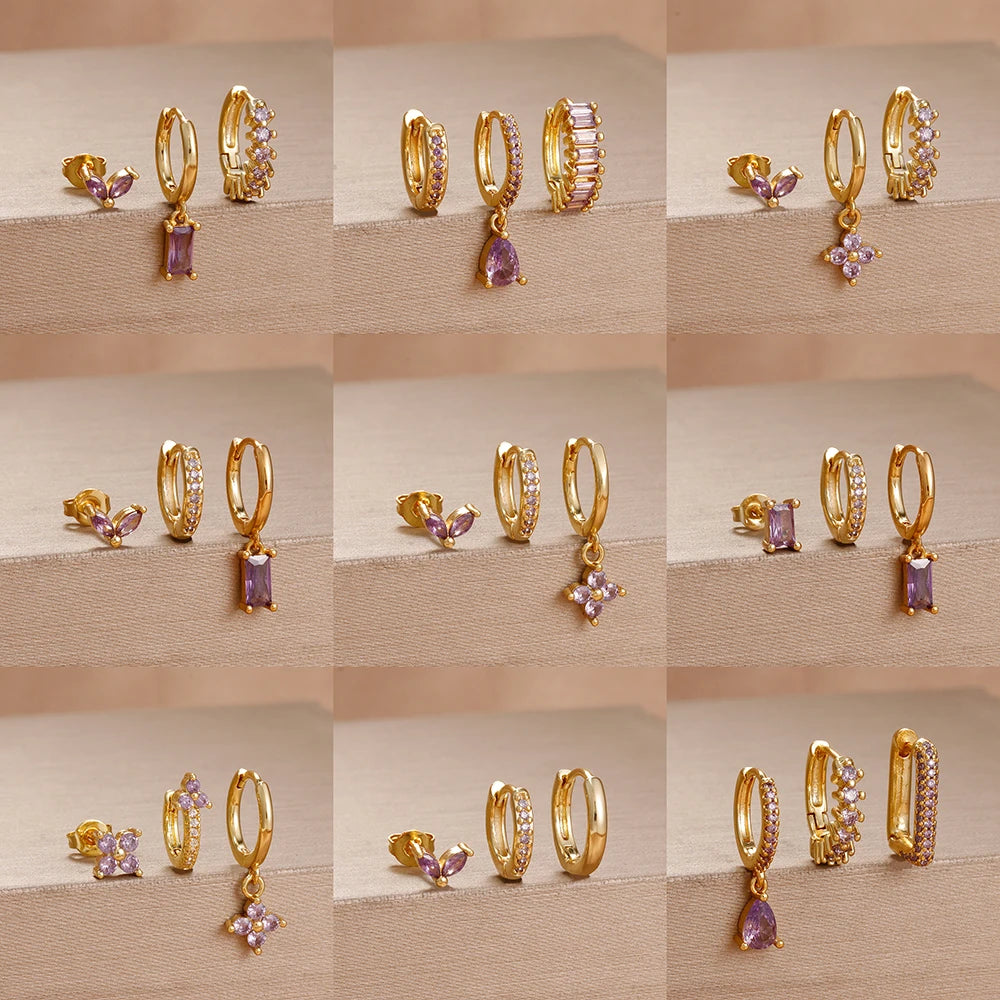 3PCS Purple Zircon Hoop Earrings for Women Stainless Steel Gold Pendant