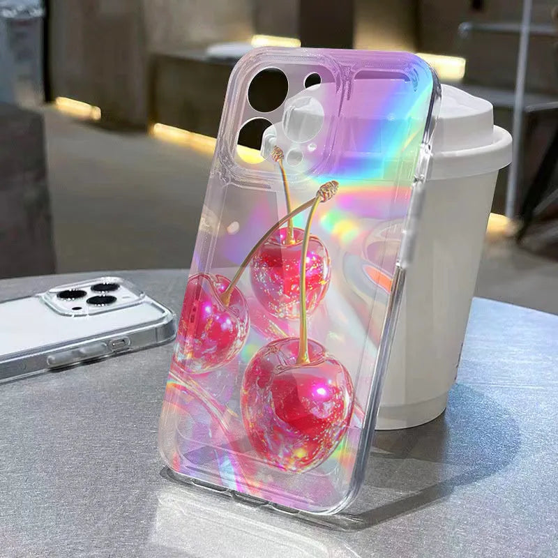 Crystal Cherry Print Case for iPhone 17 16 15 14 13 12 11 Pro Max Plus Air