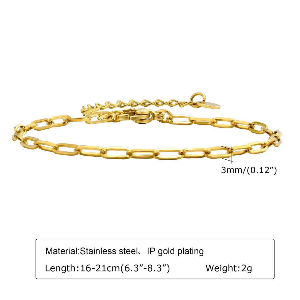 6mm Paperclip Chain Bracelet 18k Gold Plated Stainless Steel Link Adjustable Stackable Jewelry for Women Girls Gift