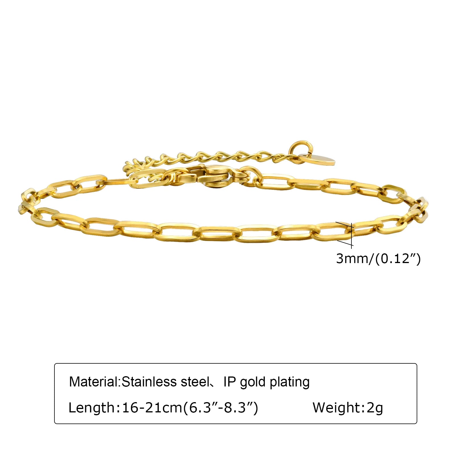 6mm Paperclip Chain Bracelet 18k Gold Plated Stainless Steel Link Adjustable Stackable Jewelry for Women Girls Gift
