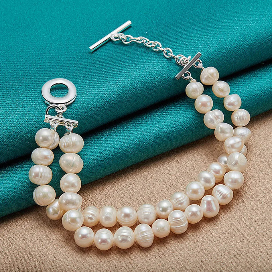 Natural Freshwater Pearl Chain Bracelet 20cm 925 Sterling Silver Wedding Gift