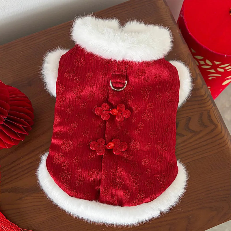 Festive Red Plush Vest Dog Cat Embroidered Costume Warm Sleeveless Jacket