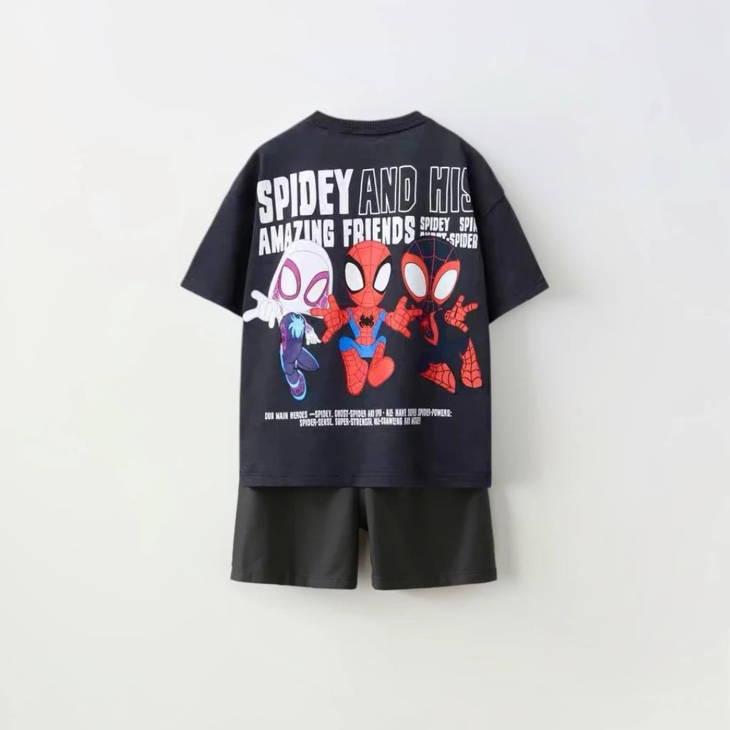 Kids Spiderman Print Sports T-Shirt & Loose Shorts Set Cartoon Summer Outfit