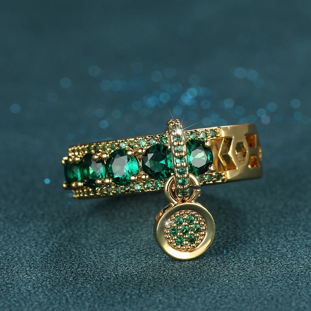 Antique Green Stone Dangle Pendant Ring Gold Color Zircon Round Rings For Women Dainty Wedding Bands Valentine Day Jewelry Gifts