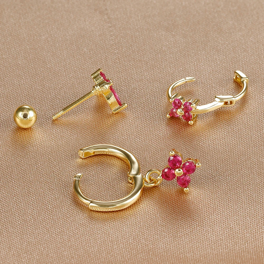 3PCS Stainless Steel Rose Red Zircon Flower Dangle Earring 18K Gold