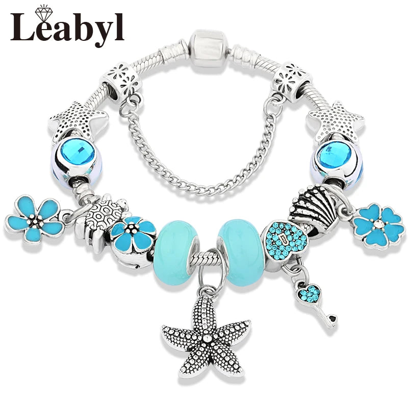 Classic Dolphin Charm Bracelet Blue Murano Crystal Glass DIY Bead Bangle