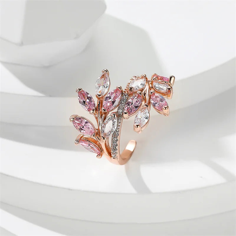 Marquise Cut Royal Blue Green Purple Pink Zircon Leaf Rings For Women Rose Gold Color Boho Cocktail Ring Wedding Bands Jewelry