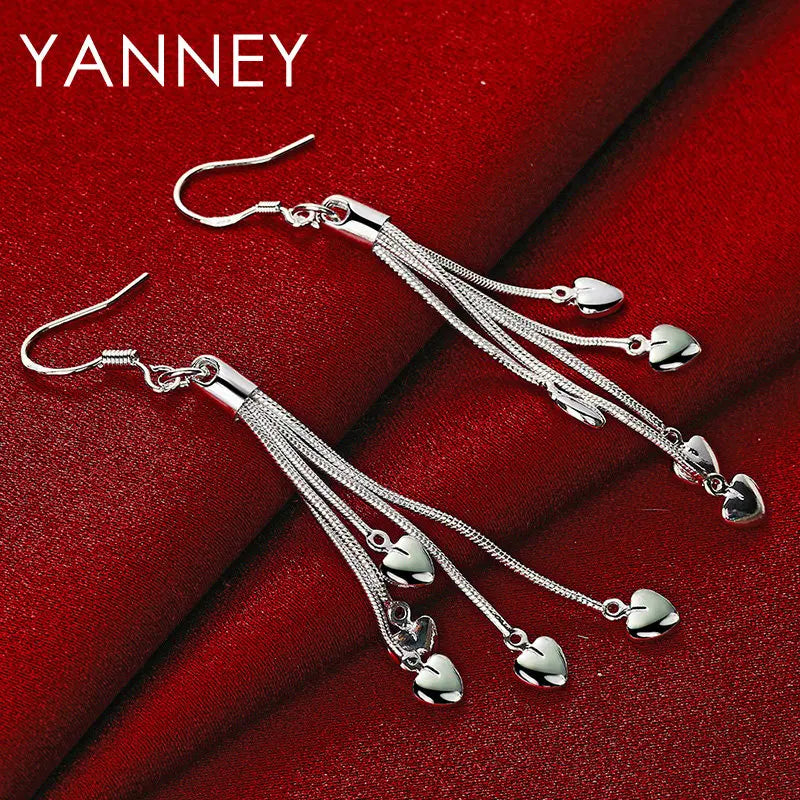 925 Sterling Silver 70mm Tassel Heart Earrings Women Fashion Girlfriend Gift