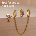3pcs Purple Cubic Zirconia Piercing Earring Set Stainless Steel