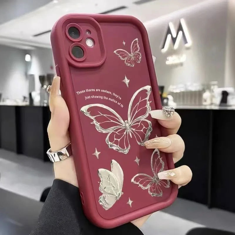 Pink Butterfly Silicone Case for iPhone 17 16 15 14 13 12 11 Pro Max Plus
