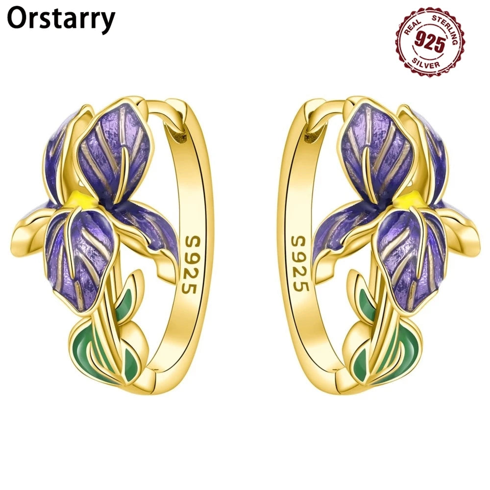 925 Sterling Silver Iris Flower Versatile Hoop Earrings Original Party Gift