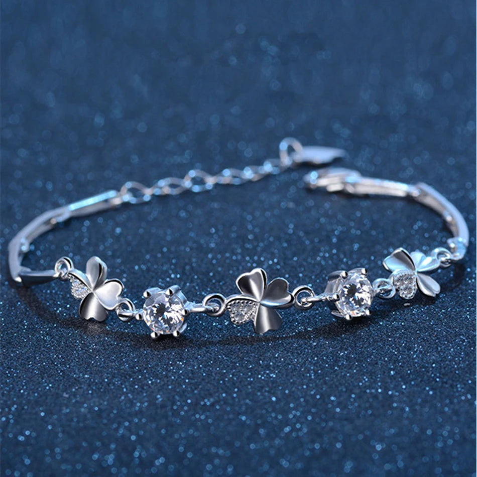 Zircon Lucky Clover Bracelet 925 Sterling Silver Crystals Wedding Jewellery