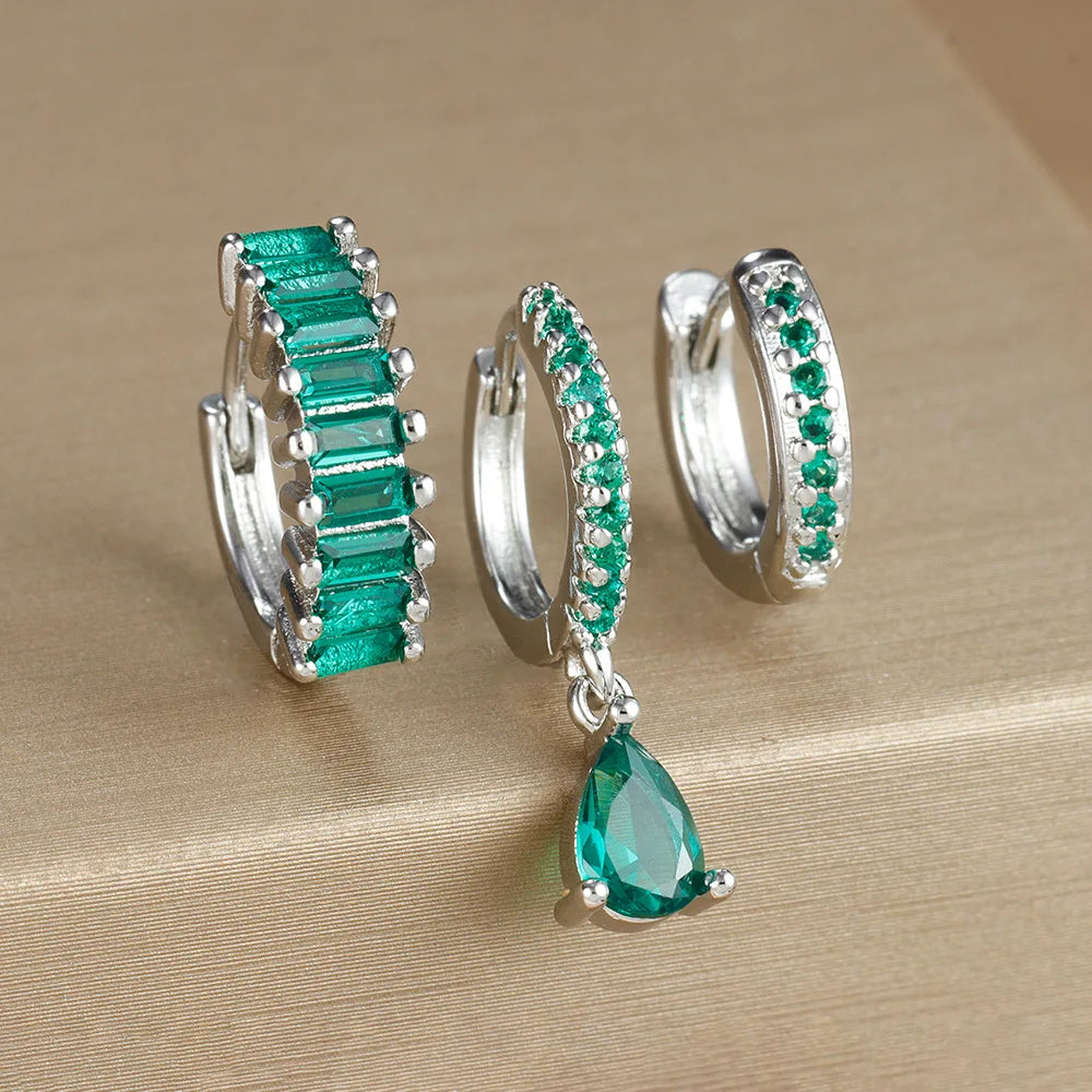 3PCS Stainless Steel Gold Plated Hoop Earrings Zircon Pendant