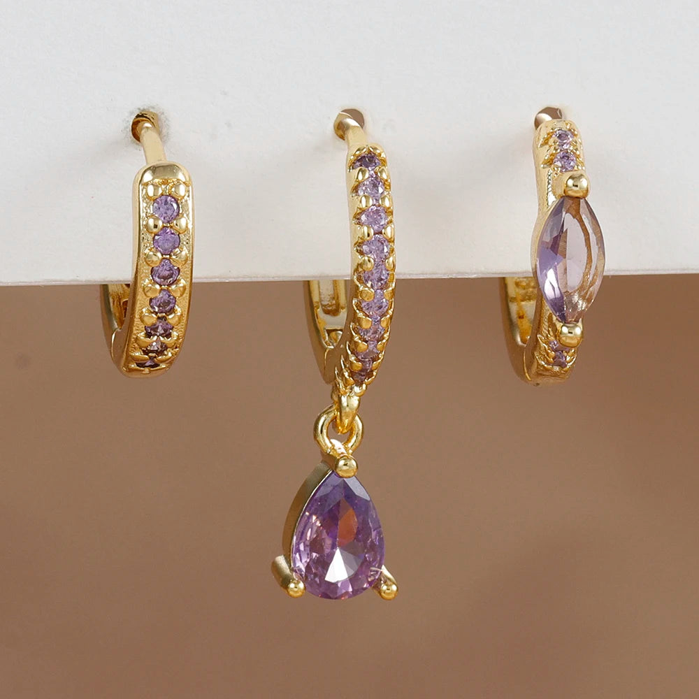 3PCS Cubic Zirconia Water Drop Hanging Earrings Round Dangle Set