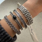 100% Solid 925 Sterling Silver Metal Bracelet for Women Men Vintage Black Stone Letters Handmade Simple Birthday Gift